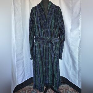 VTG Geoffrey Beene Sleepwear Bath Robe L/XL Green Blue Plaid Lounge Wear Heavy